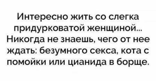 Жить интересно. Интересно жить со слегка придурковатой женщиной. Кота с помойки или цианида в борще. Жить с придурковатой женщиной. Никогда не знаешь что ожидать от придурковатой женщины.